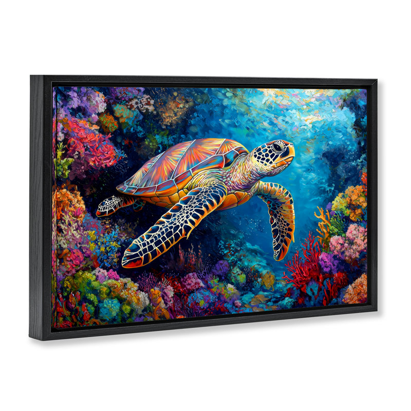 Cadre coloré coloré récif de corail et tortue, design par LSR Design Studio, Cadre flottant noir de jais, H 21 po x l 31 po