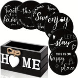6Pc Black Wooden Heart Coasters With Holder
