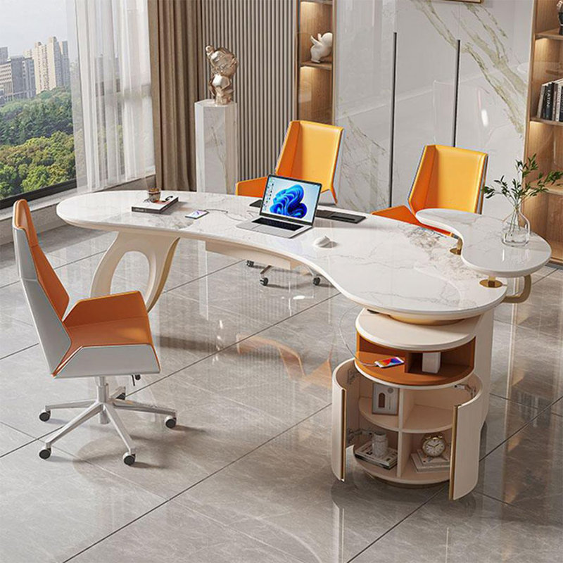 70.87" Beige-white + Gold Curved Sintered Stone + Manufactured Wood + Stainless Steel Desk