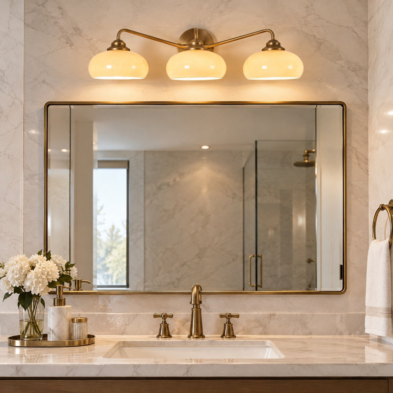 Applique murale 3 lumières pour salle de bain en or brossé et dôme en marbre ambré rétro