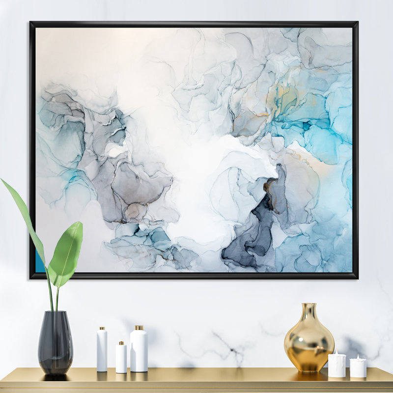 Vagues de marbre grises et bleues - art mural moderne sur toile, H 30 po x l 40 po x P 1,5 po, Toile avec cadre flottant noir