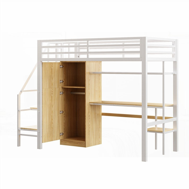 Lit mezzanine simple en métal avec bureau, tablette, armoire et amp; Escalier de rangement - Aucun sommier requis, robuste Durable