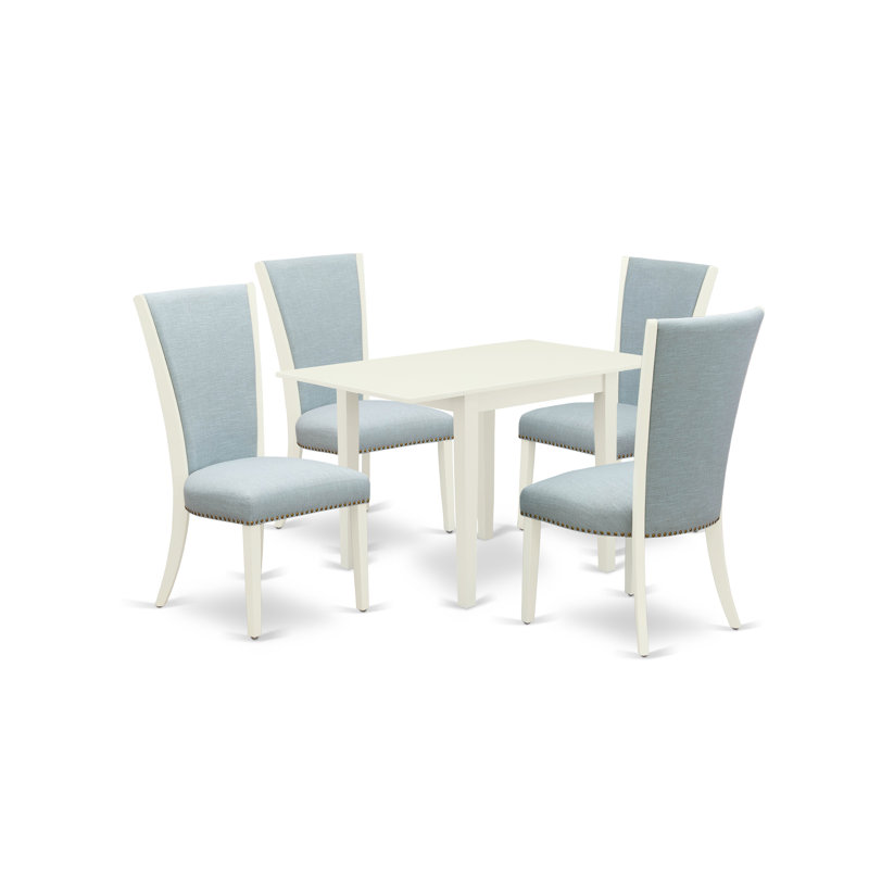 3-Piece Rectangular Solid Wood Top with Dropleaf Dining Table Set, Linen White, Baby Blue