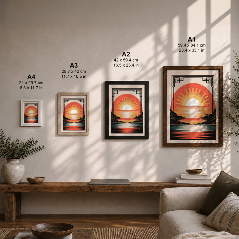 Desert Sunset Reflection Art Deco - Print, Black, A3 - 42.0 x 29.7 cm