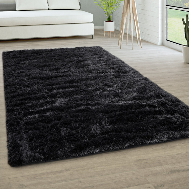 Medinger Solid Color Machine Made Shag Polyester Area Rug in Black