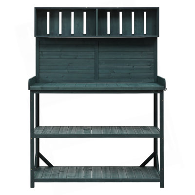 65" Large Wooden Farmhouse Rustic Outdoor Potting Bench Table, Patio Workstation, Garden Potting Bench With 4 Storage Shelves And Side Hook, Forest Green
