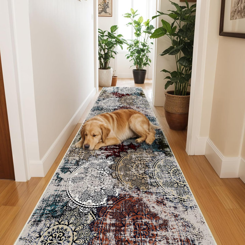 Rug Runner Washable - Hallway Runners Abstract Non-Slip Pet Friendly Low Pile Rug Soft Indoor Floor Mat Front Door for Bedroom Entryway Laundry Red