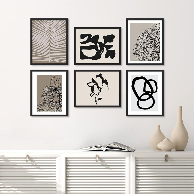 «Paint Stroke Palm Leaf», reproduction d'art sur papier 6 pièces, Cadre noir, H 16 po x l 12 po x P 1 po