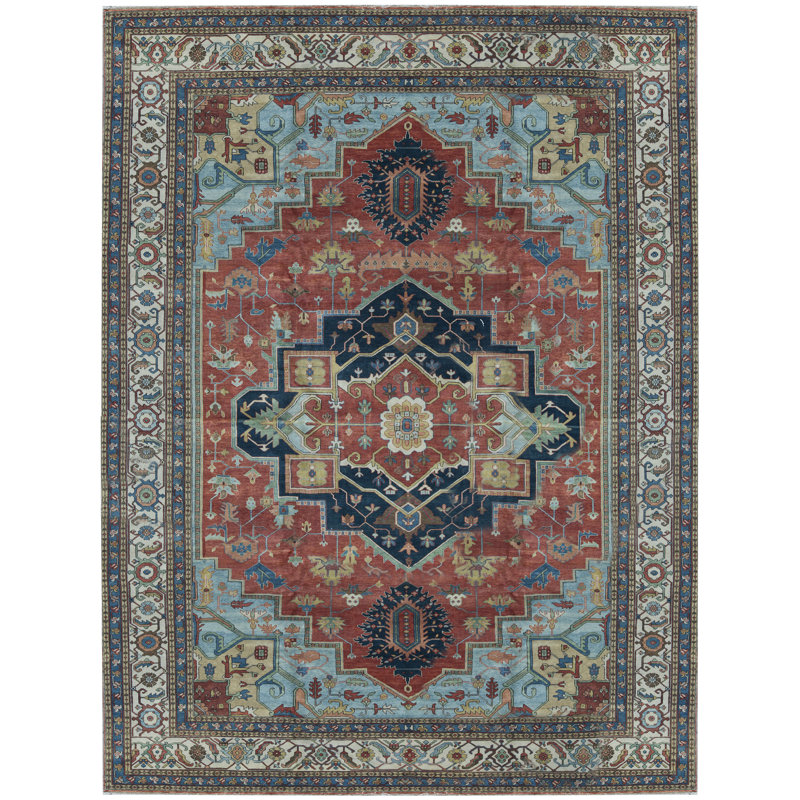 Tapis rouge et ivoire noué à la main de haute qualité