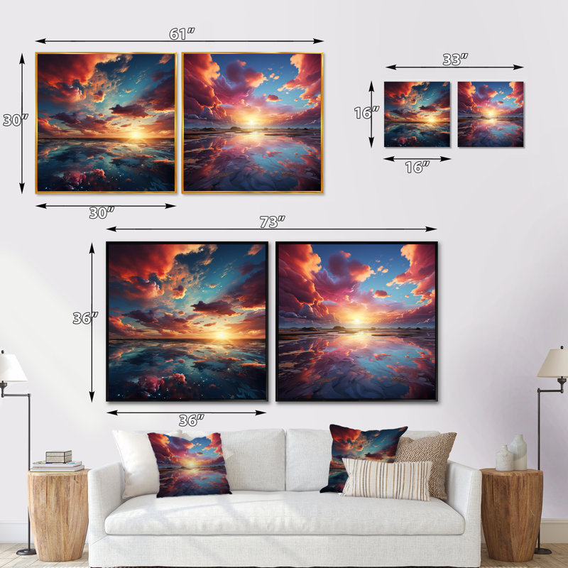 Majestic Dream Sunset Horizon - ensemble de 2 collages carrés Sunset, H 16 po x l 33 po, Cadre flottant brun