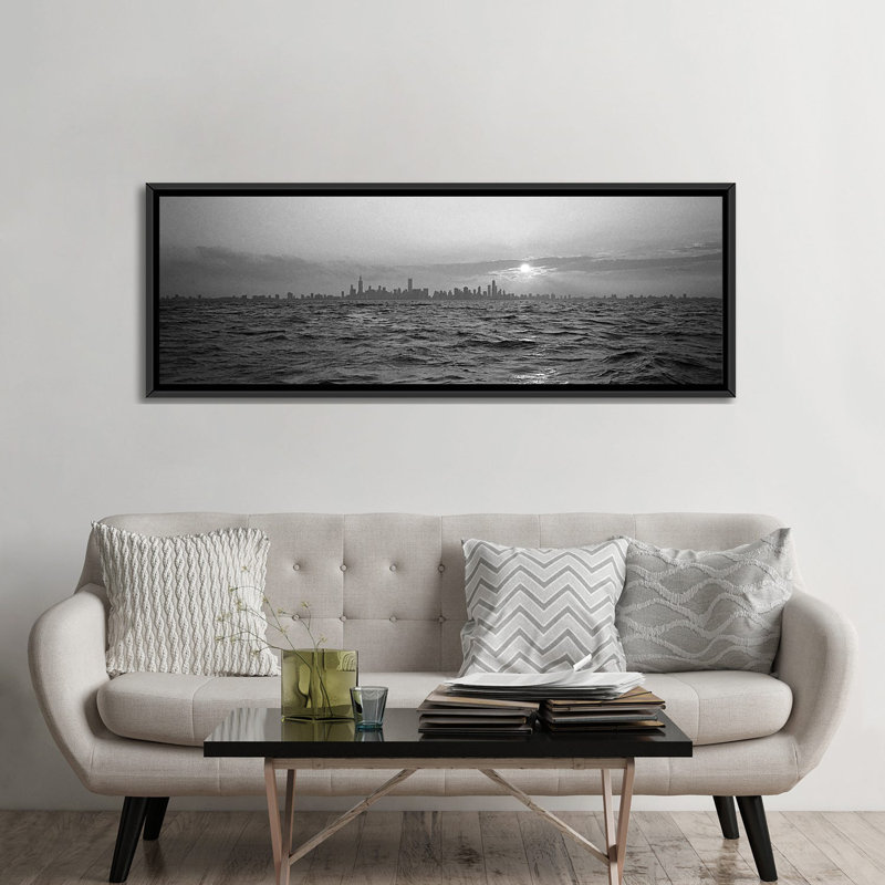 Reproduction de photo sur toile tendue, "coucher de soleil panoramique" au-dessus d’une ville, chicago, illinois, Cadre noir