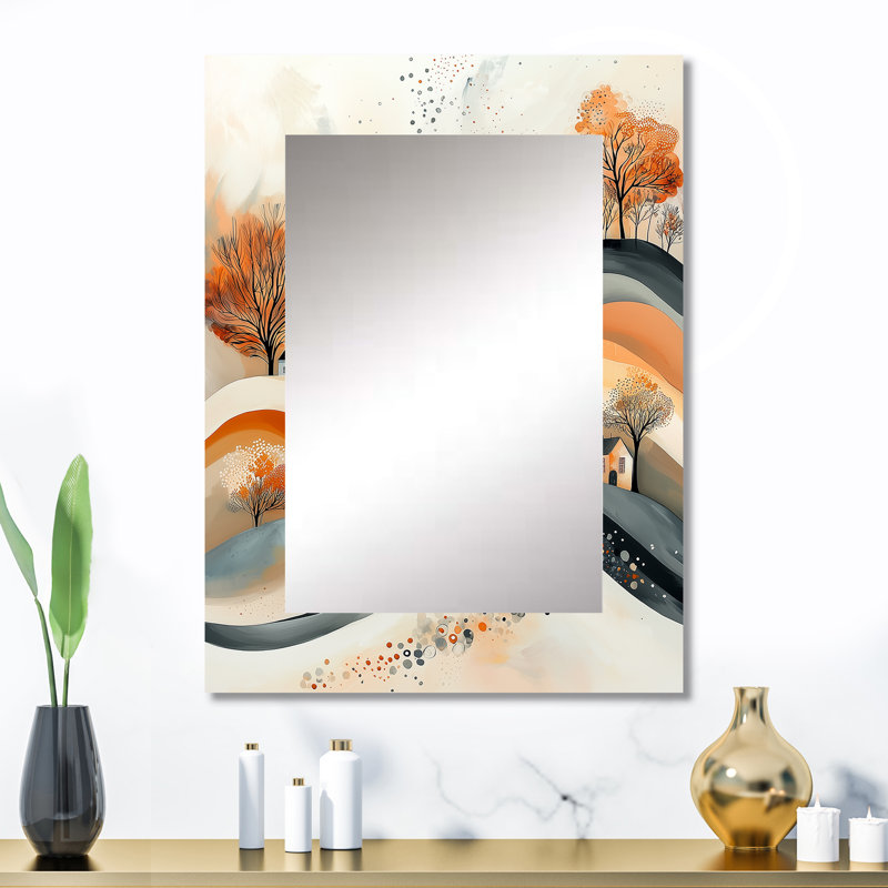 Paysage abstrait en orange et gris - miroir décoratif de paysages, miroir mural moderne, impression d'art en métal