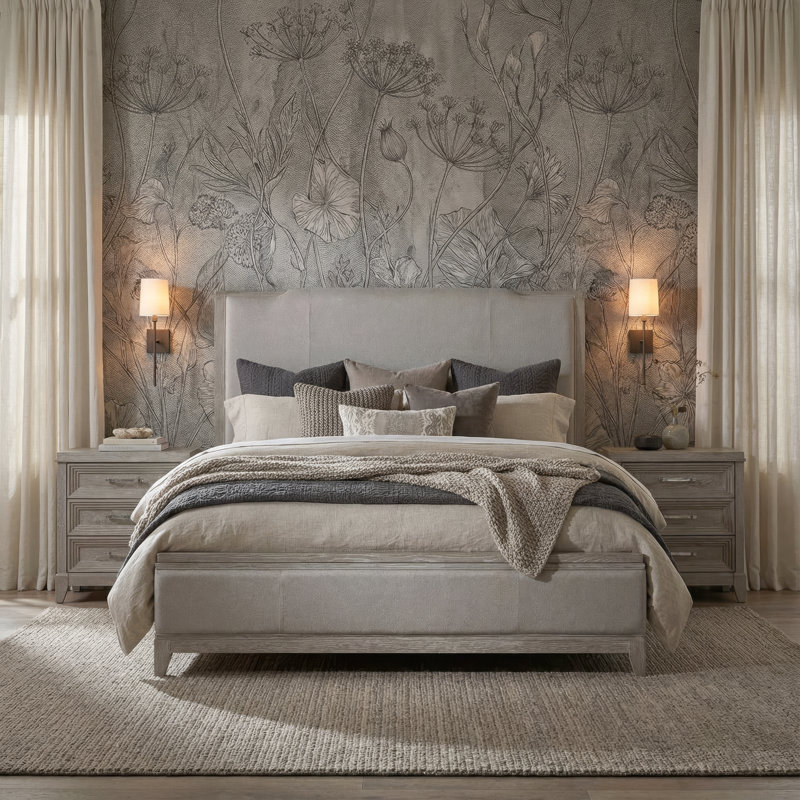 Ensemble de chambre avec grand lit tapissier et deux tables de chevet Belmar, Grand