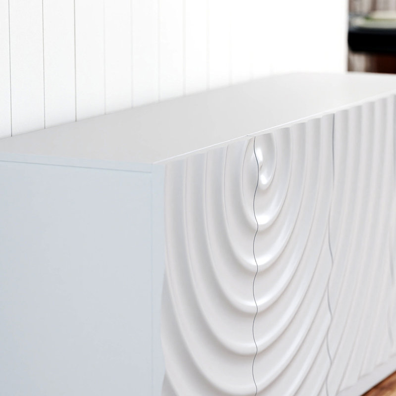 Buffet 59 po avec grain spiralé et armoire moderne à 4 portes pour le rangement de la cuisine ou du salon, blanc, Blanc