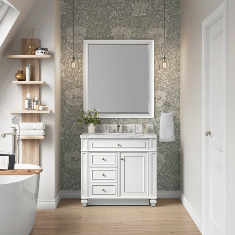 Meuble-lavabo simple 36 po Calisto, Blanc éclatant, Carrare blanc, 8 po