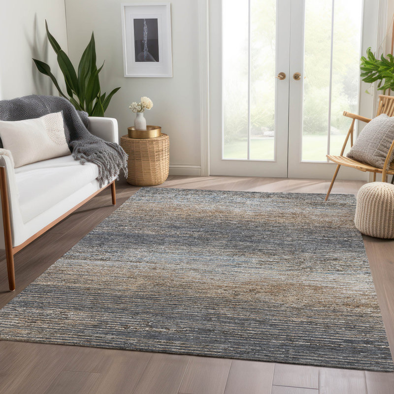 Pewter and Beige Stripe Washable Synthetic Rug 3' x 5'