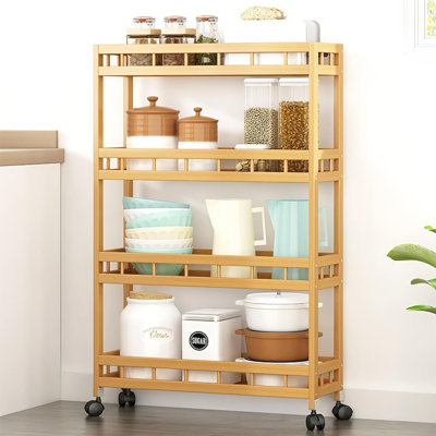 4-Tier Bamboo Kitchen Rolling Cart Removable Wood Trolley Island Cart, Utility Cart Multi-Layer Storage Shelf Rack On Wheels