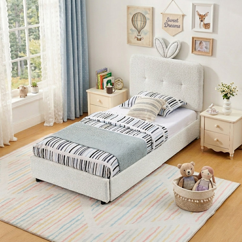 Lit plateforme tapissier Kids, Beige, Lit simple