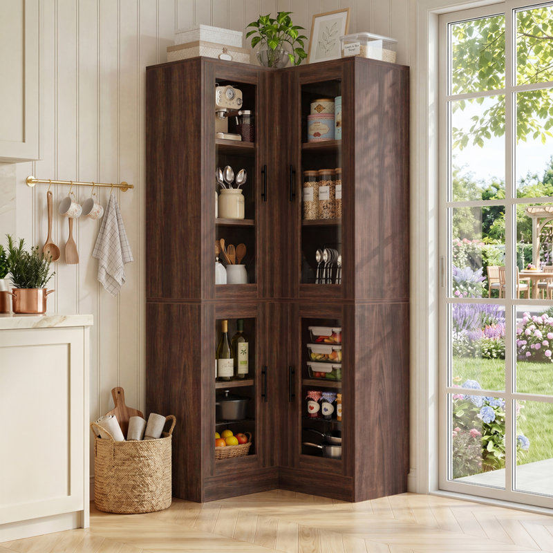 Bibliothèque d'angle à 5 niveaux avec portes en verre, Noyer