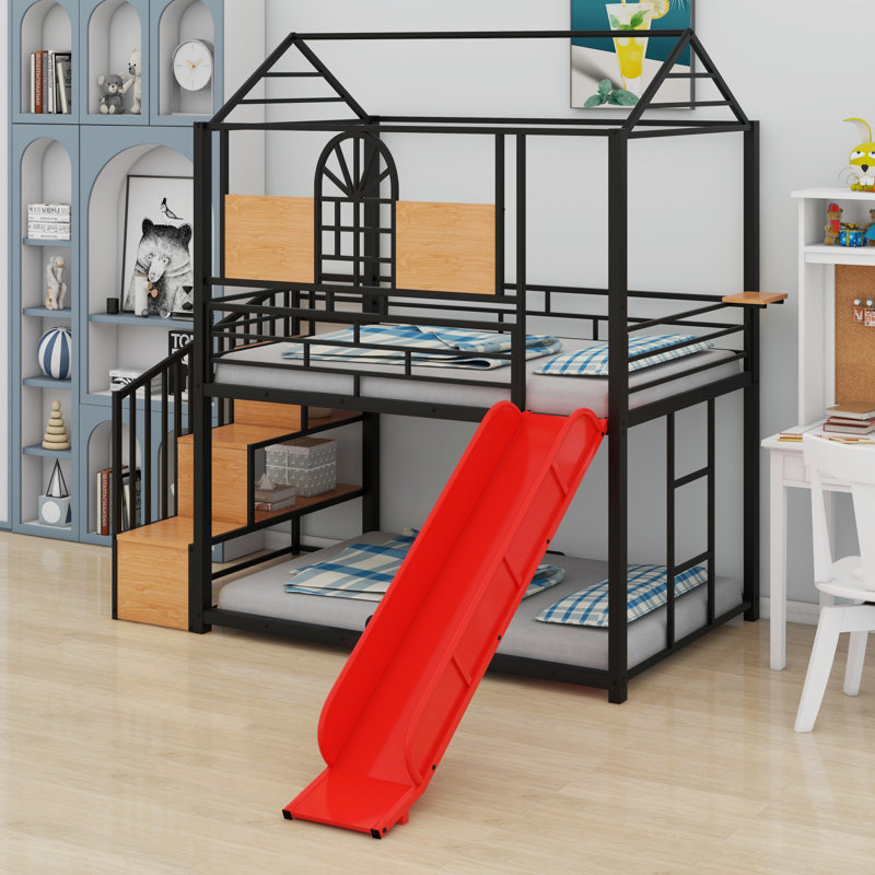 Lit superposé en métal avec glissière et escalier de rangement, Noir / Rouge