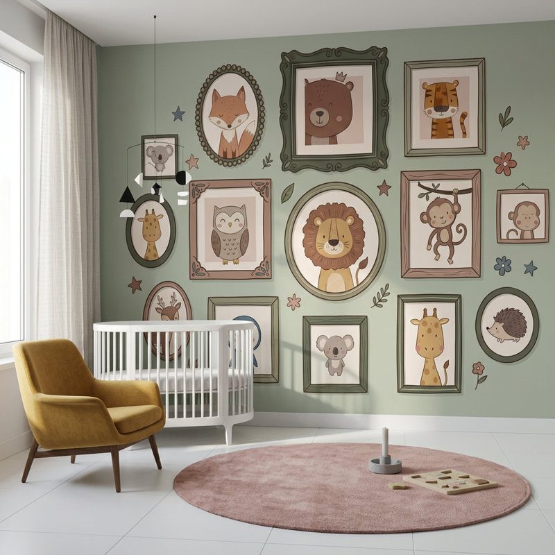 Pépinière, papier peint, animaux mignons, cadres muraux, décoration murale amovible, 100 po x 96 po, Peler et coller