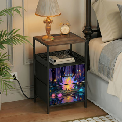Table de chevet 2 tiroirs avec station de charge, table de chevet pour chambre à coucher avec ports USB, tablette ouverte noire, table de chevet avec impression de effets de lumière magiques aux couleurs néon