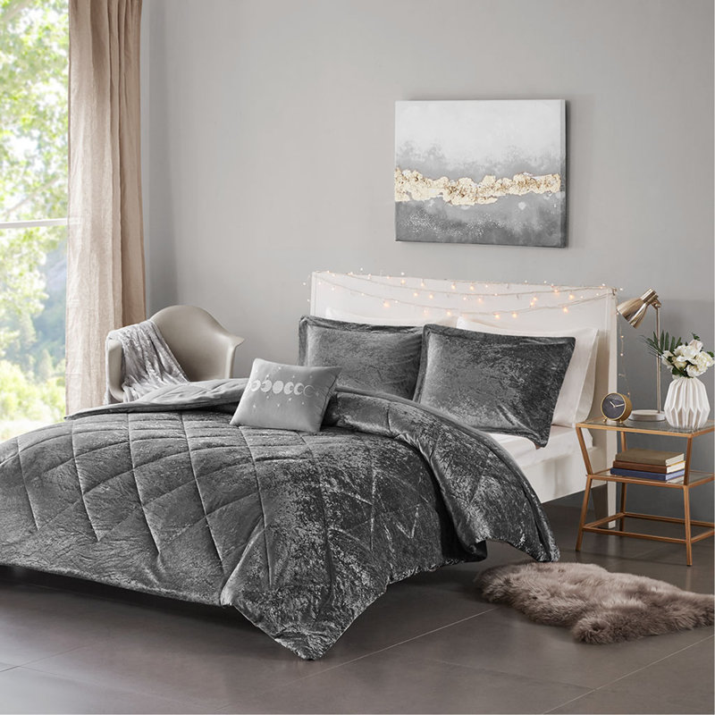 Ensemble d'édredon en velours double / grand avec coussin décoratif, Gris, Édredon pour lit double / grand lit + 3 pièces s
