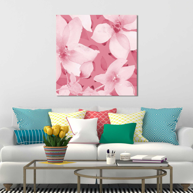 «Blooming Pink Whispers I», reproduction de peinture à l'aquarelle, H 18 po x l 18 po x P 1 po, Toile tendue