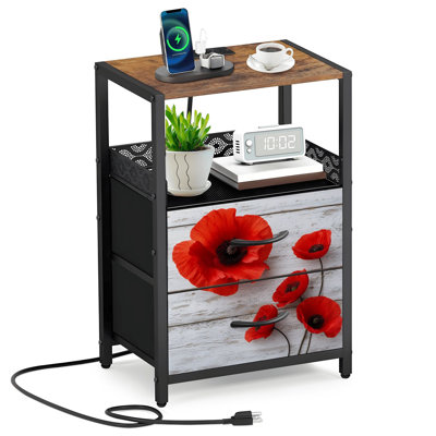 Table de chevet 2 tiroirs en tissu avec station de charge rouge noir et gris