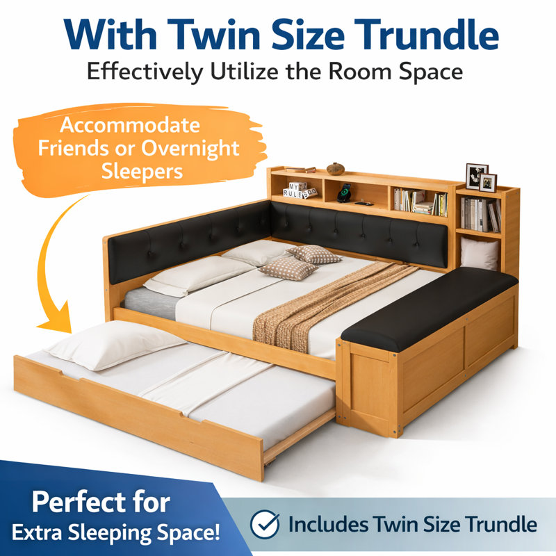 Full Size Daybed With Trundle & Multi Storage, Natural