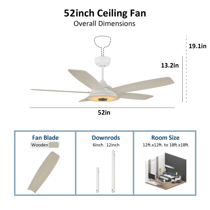 Gatha Ceiling Fan with LED Lights, White, 52", Light Wooden