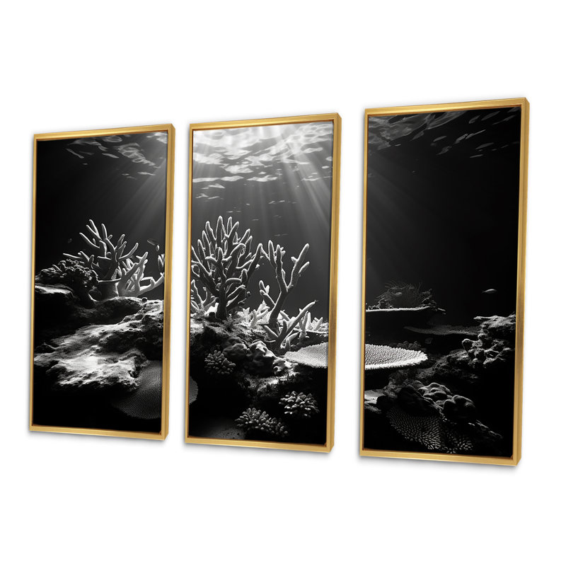 Photo corail noir et blanc sous l'eau I - Ensemble d'art mural corail sous l'eau, Cadre flottant doré