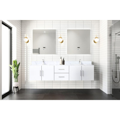 Meuble-lavabo double blanc lustré 80 po W - Deux compartiments spacieux, tiroirs, fermeture en douceur, entièrement assemblé, bois massif avec panneaux, espace de rangement et cadre de 80 po