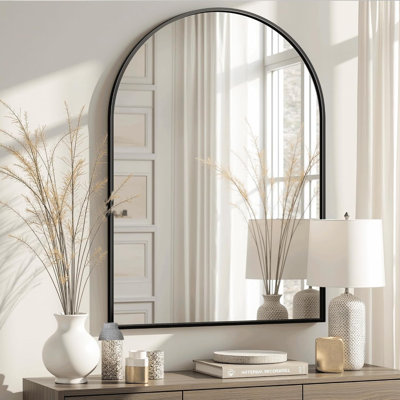 Miroir mural arqué de 96,5 cm x 66 cm pour salle de bain - Miroir de courtoisie moderne avec cadre en aluminium noir mat et verre incassable haute définition pour salle de bain, entrée, chambre et salon