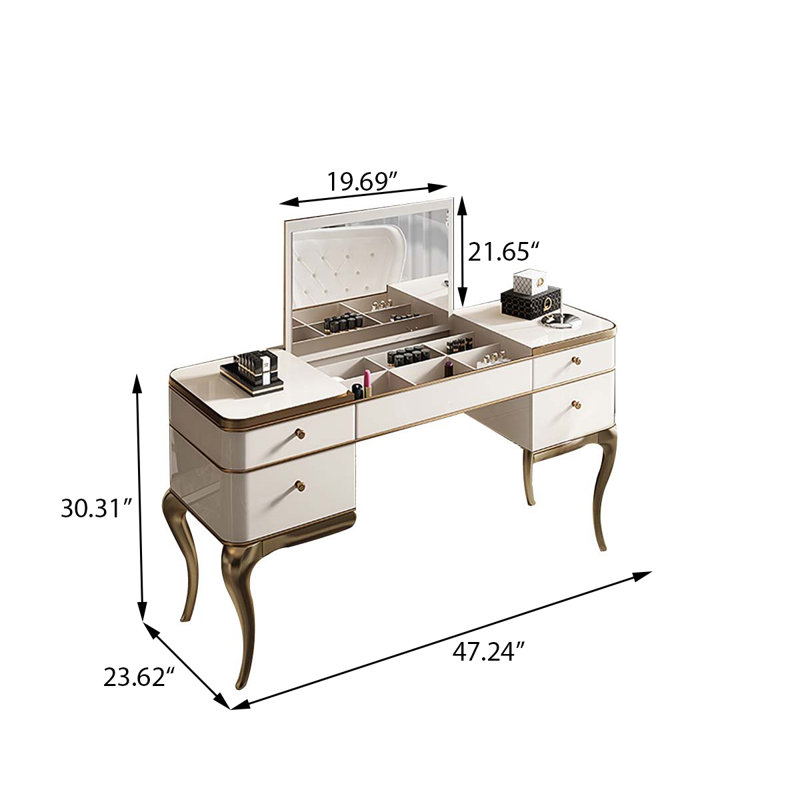 47.24"Beige Flip-Top Mirror Solid Wood Vanity Desk