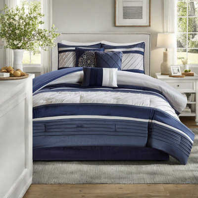Ensemble de literie élégant 7 pièces, soie synthétique polyester, bleu marine traditionnel