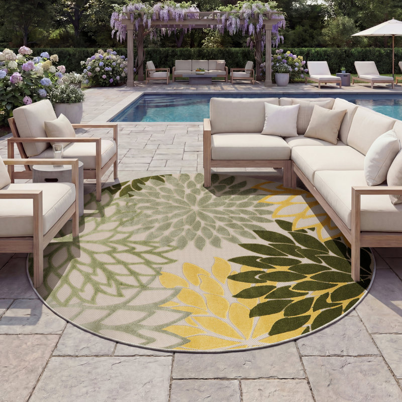 Tapis intérieur / extérieur floral Amellia, Rond 7 pi 10 po