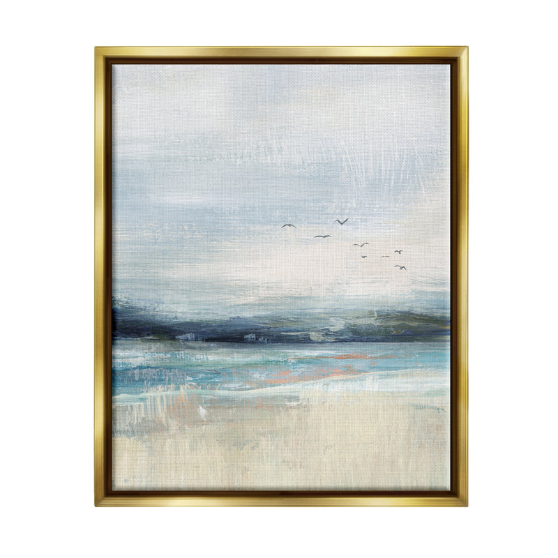 «Brossed Ocean Seagulls Landscape Floater» par Nina Blue, H 31 po x l 25 po x P 1,7 po, Cadre flottant métallique doré