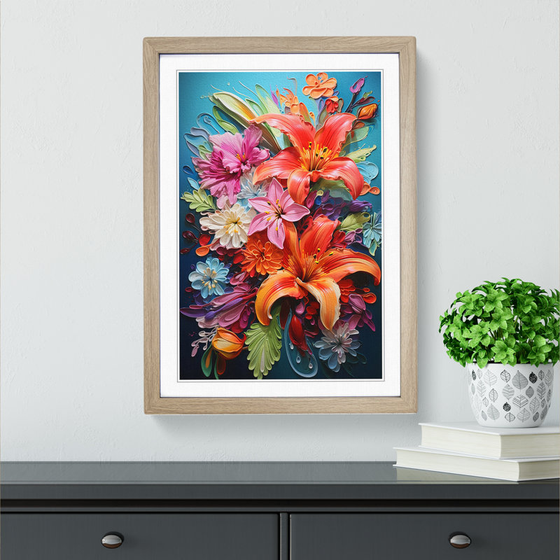 Floral Hard Edge Painting - Framed Print, Oak, 46cm H x 34cm W x 2cm D