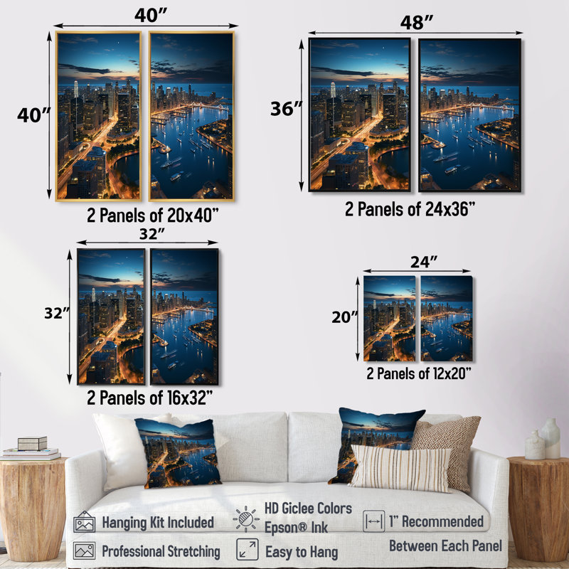 Chicago, beau paysage urbain I - ensemble d'art mural industriel de 2, H 40 po x l 40 po, Toile tendue, Ne s’applique pas