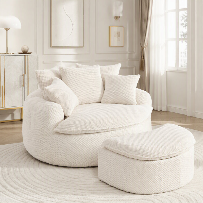 Chaise longue surdimensionnée avec repose-pieds, Tissu beige, 2