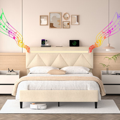 Full Upholstered Bed Frame ith LED Light, Charging Station and Bluetooth Speaker