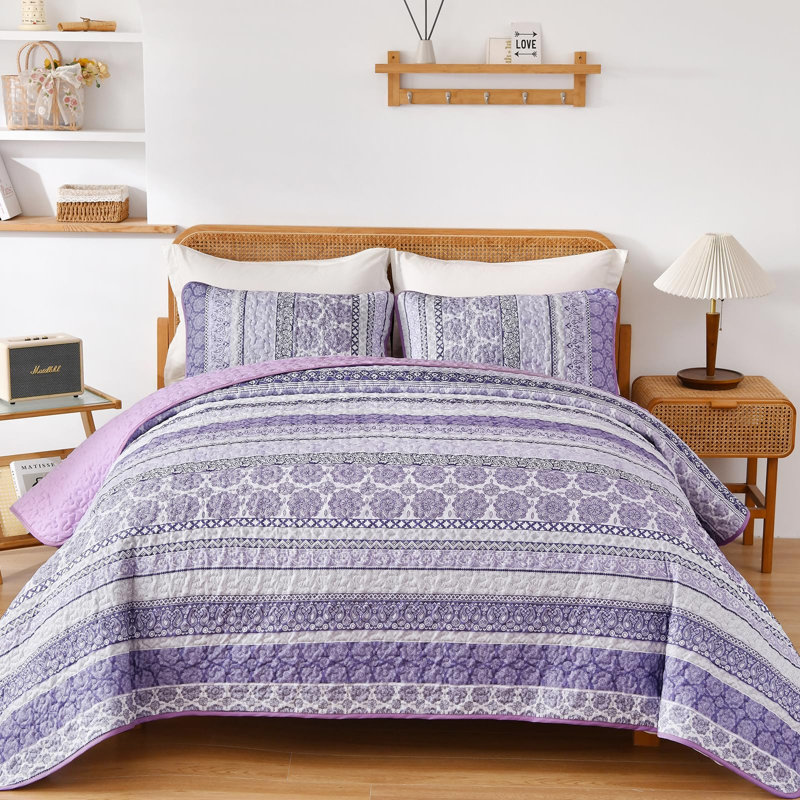 Ensemble de courtepointe 3 pièces Boho, Courtepointe très grand et 2 très grandes taies , Mauve clair