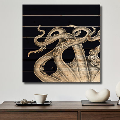 Wood Wall Art Print - White Octopus Tentacles Kraken Black by Seven Sirens Studios