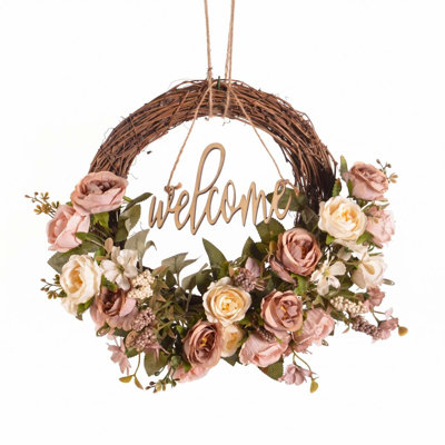 Silk Rose Artificial Wreath, Coffee Decor Wreath For Front Door Outdoor Office Wall Decor