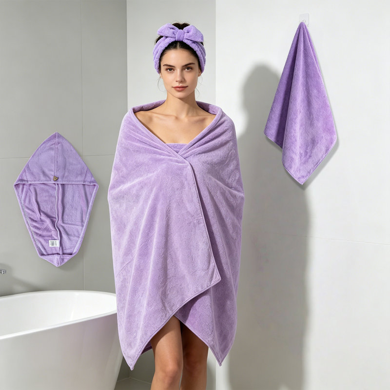Ensemble de salle de bain 4 pièces : serviette de bain, serviette pour les mains, turban pour les cheveux et bandeau pour un usage quotidien