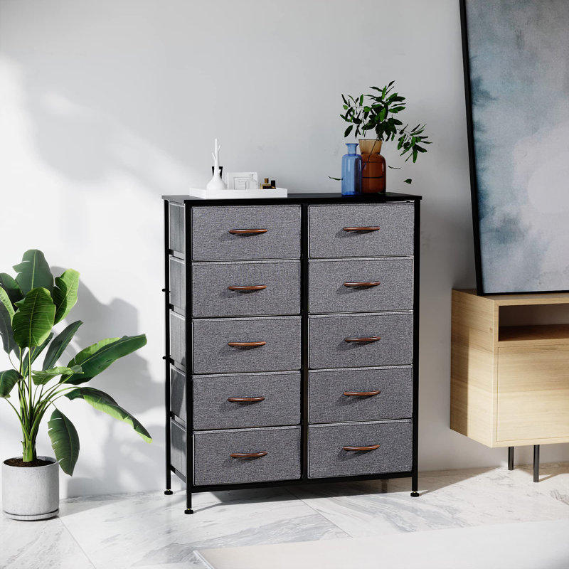 Commode 10 tiroirs Keayla, Gris / noir