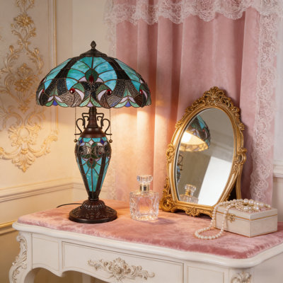 Tiffany Table Lamp With Night Light 15.7 Inch Large Stained Glass Table Light
