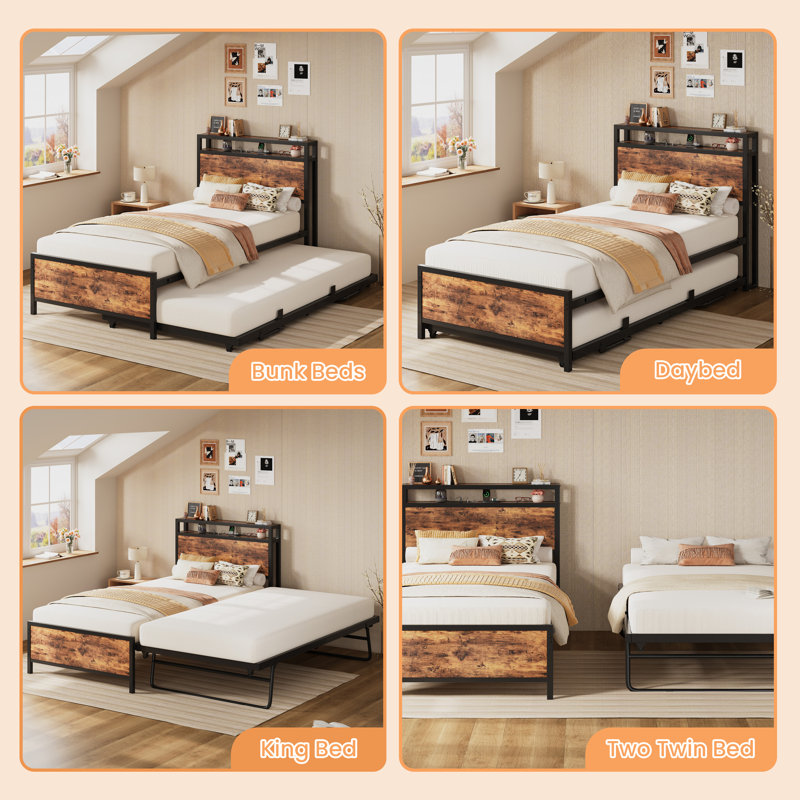 Twin Daybed with Pop-Up Trundle & Storage Headboard with Built-In Charging Station, Brown