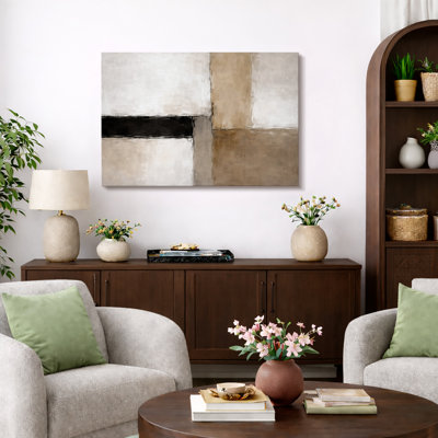 Abstrait paysage neutre, taupe beige et couches d'horizon blanc, composition de calme minimal, impression sur toile encadrée, impression numérique